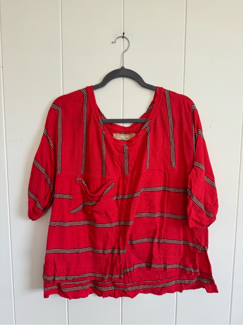 Free People Free-est Oversized Red Dolman Striped Pocket Tee Medium